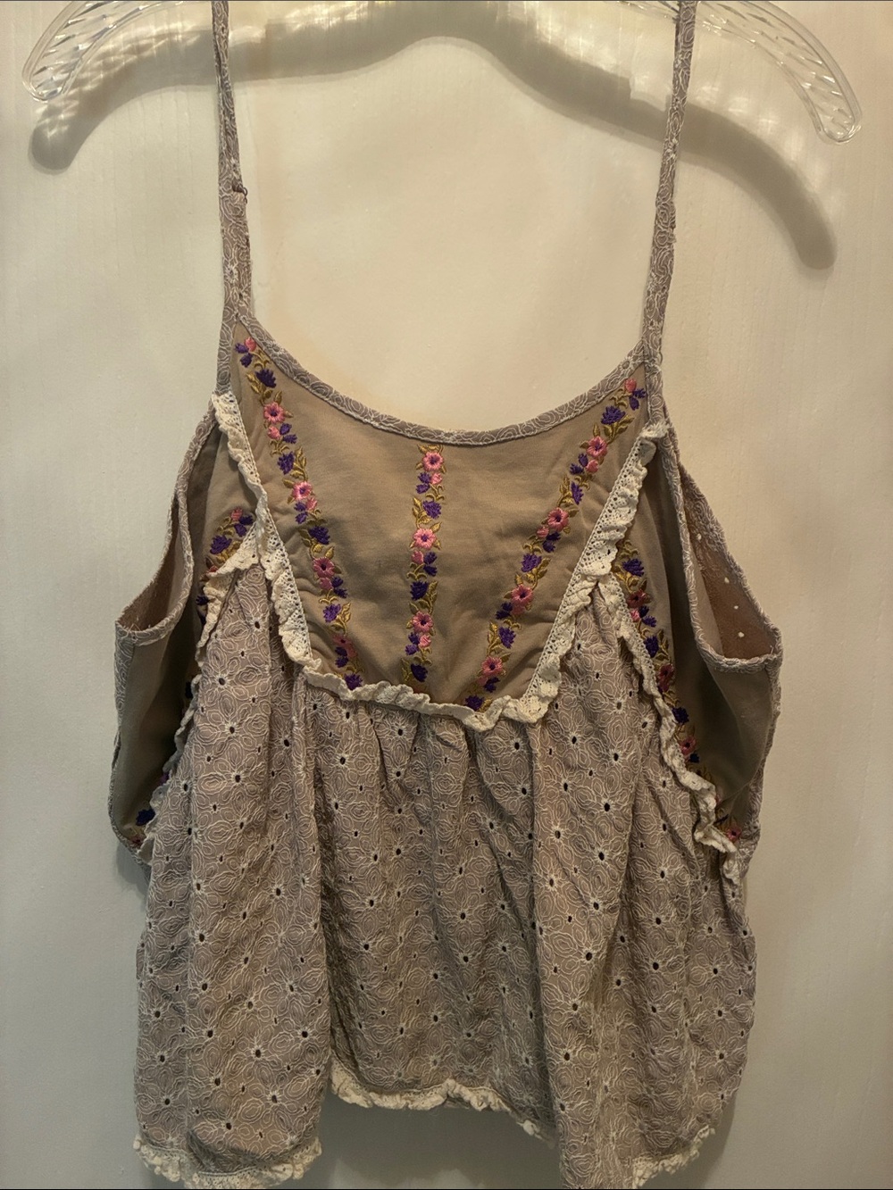 POL Taupe Top with Pink & Purple Floral Embroidery